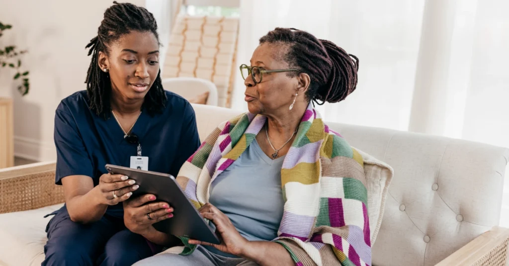 Nurse educating patient on neurological conditions.