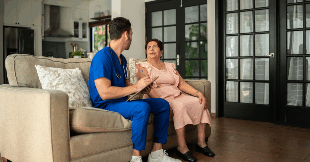 Nurse helping patient with neurological condition.